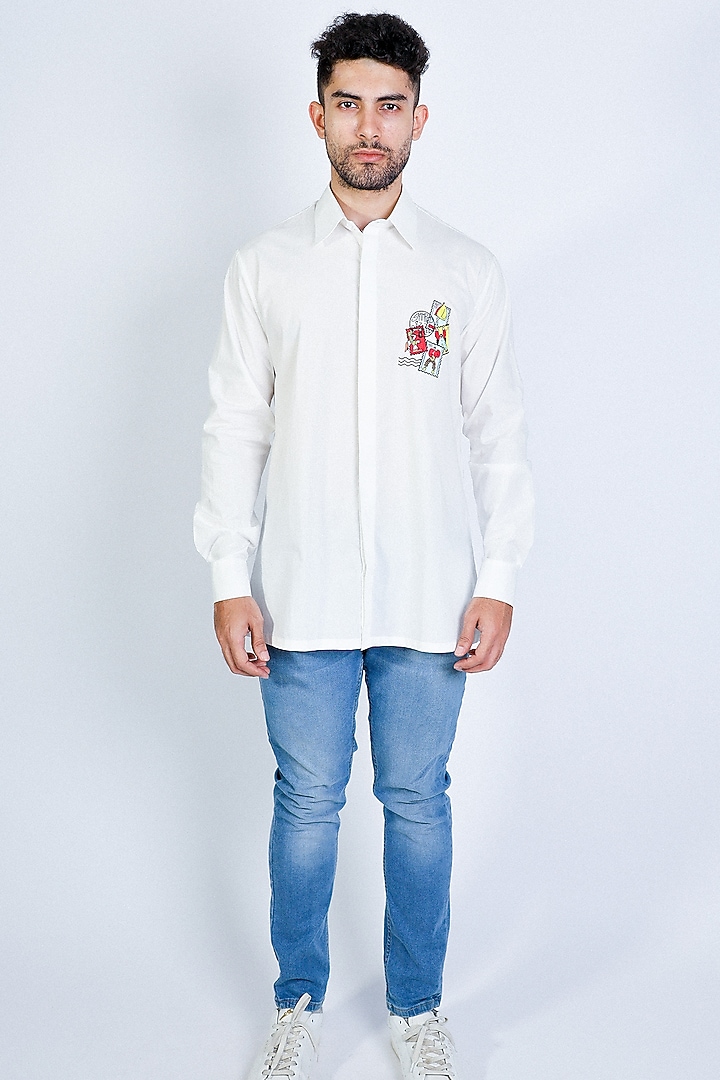 White Poplin Hand Embroidered Party Wear Shirt by Arya Giri Men at Pernia's Pop Up Shop