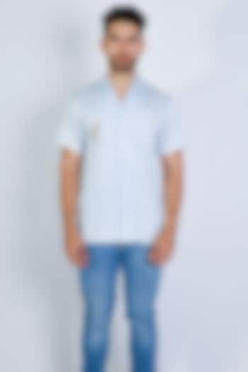 Blue Cotton Satin Blend Hand Embroidered Party Wear Shirt by Arya Giri Men at Pernia's Pop Up Shop