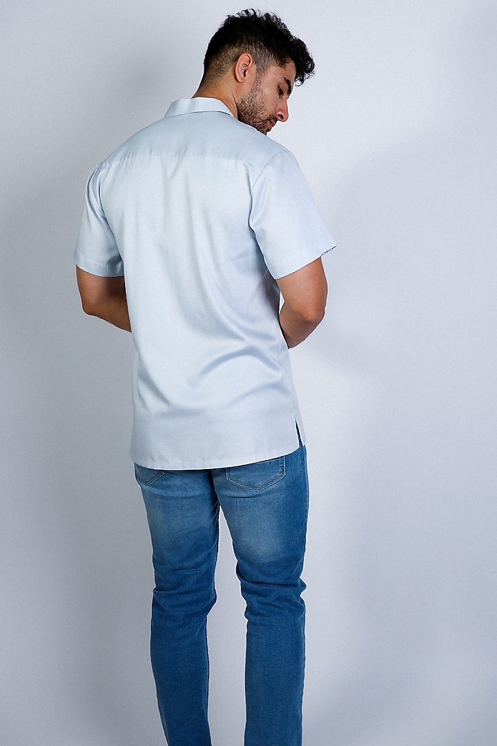 Blue Cotton Satin Blend Hand Embroidered Party Wear Shirt by Arya Giri Men at Pernia's Pop Up Shop