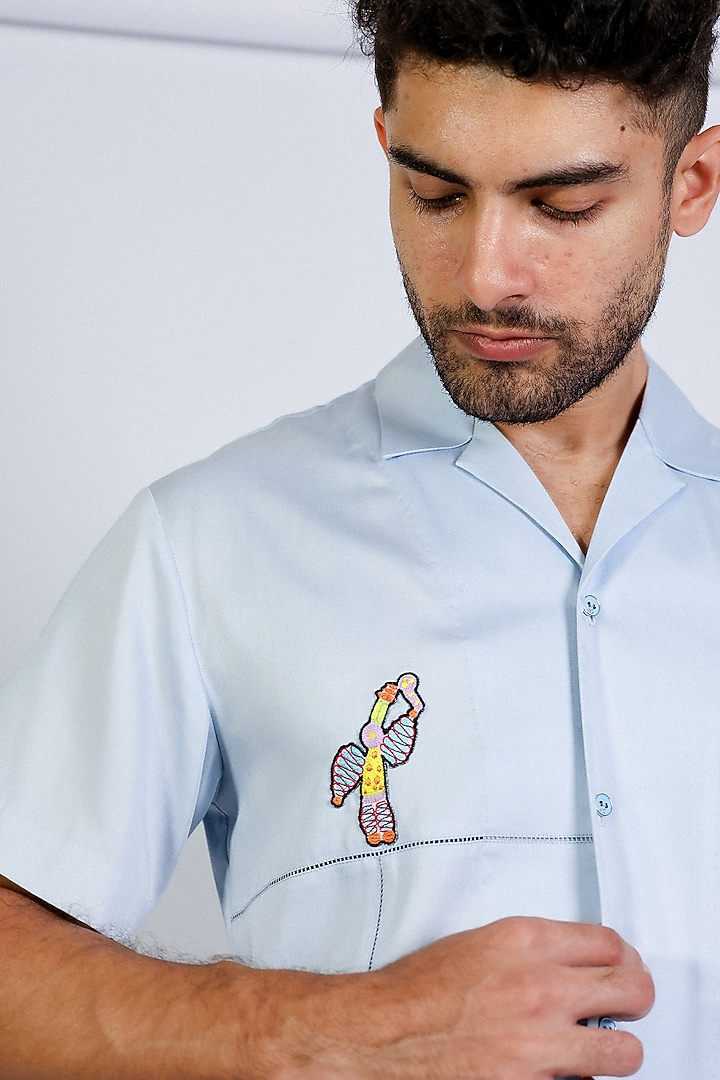 Blue Cotton Satin Blend Hand Embroidered Party Wear Shirt by Arya Giri Men at Pernia's Pop Up Shop