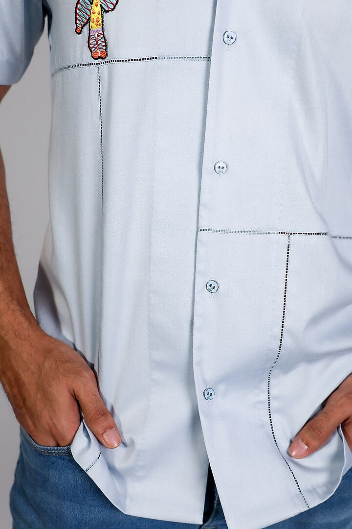 Blue Cotton Satin Blend Hand Embroidered Party Wear Shirt by Arya Giri Men at Pernia's Pop Up Shop