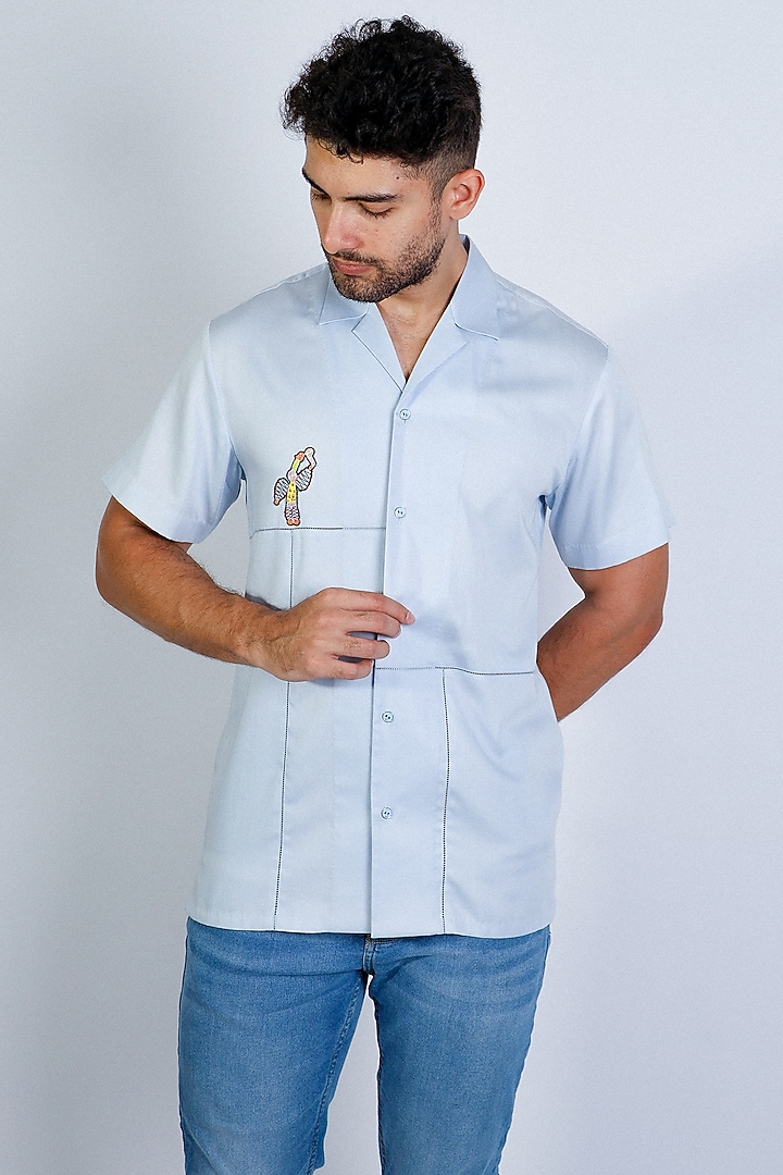 Blue Cotton Satin Blend Hand Embroidered Party Wear Shirt by Arya Giri Men at Pernia's Pop Up Shop