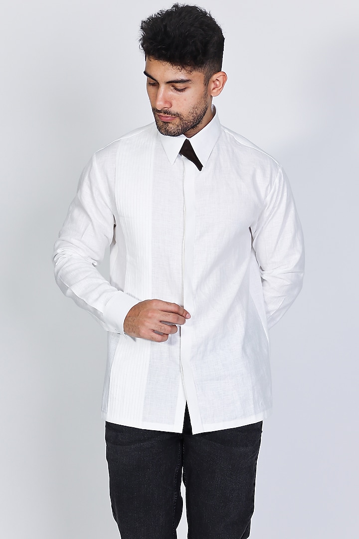 White Poplin Pintuck Party Wear Shirt by Arya Giri Men at Pernia's Pop Up Shop