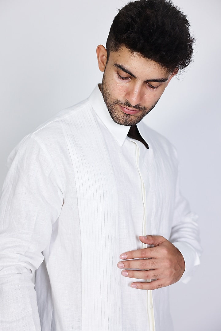 White Poplin Pintuck Party Wear Shirt by Arya Giri Men at Pernia's Pop Up Shop