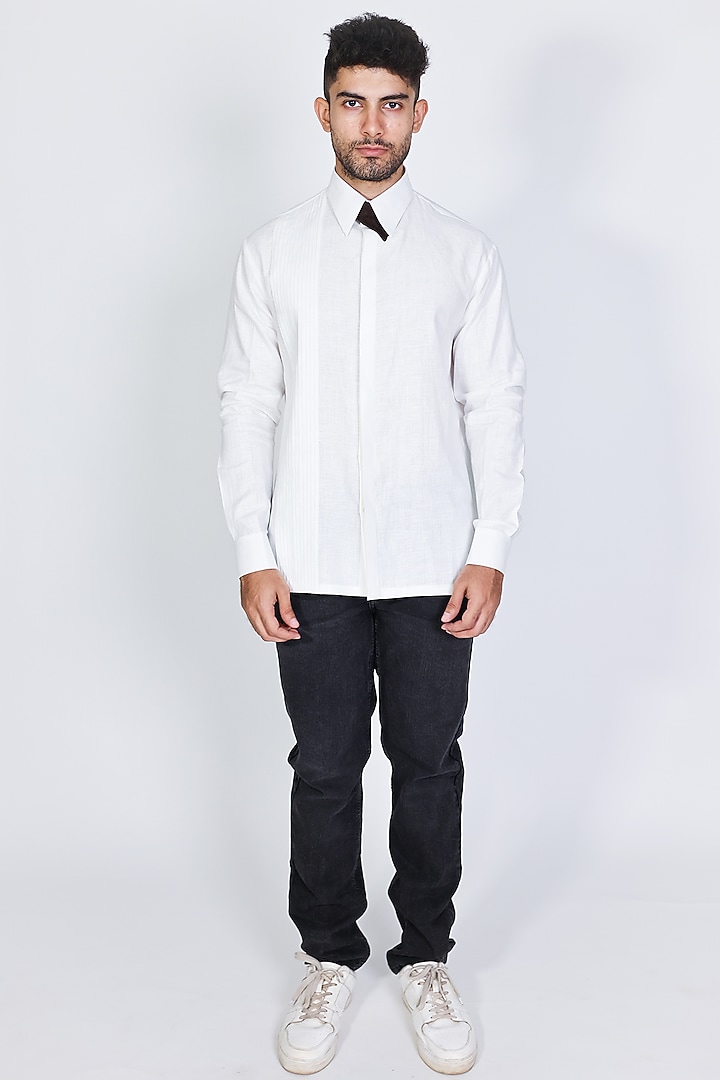 White Poplin Pintuck Party Wear Shirt by Arya Giri Men at Pernia's Pop Up Shop