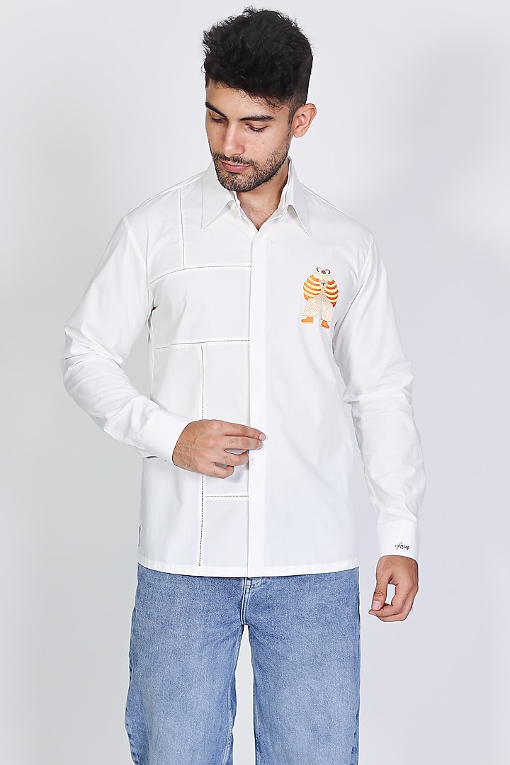 White Poplin Hand Embroidered Party Wear Shirt by Arya Giri Men at Pernia's Pop Up Shop