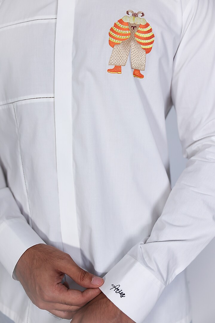 White Poplin Hand Embroidered Party Wear Shirt by Arya Giri Men at Pernia's Pop Up Shop