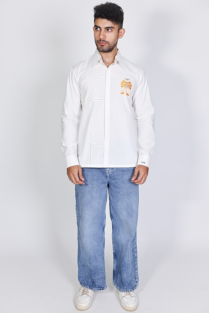 White Poplin Hand Embroidered Party Wear Shirt by Arya Giri Men at Pernia's Pop Up Shop