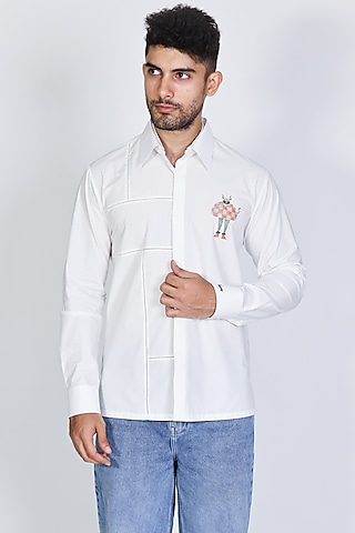White Poplin Hand Embroidered Shirt by Arya Giri Men