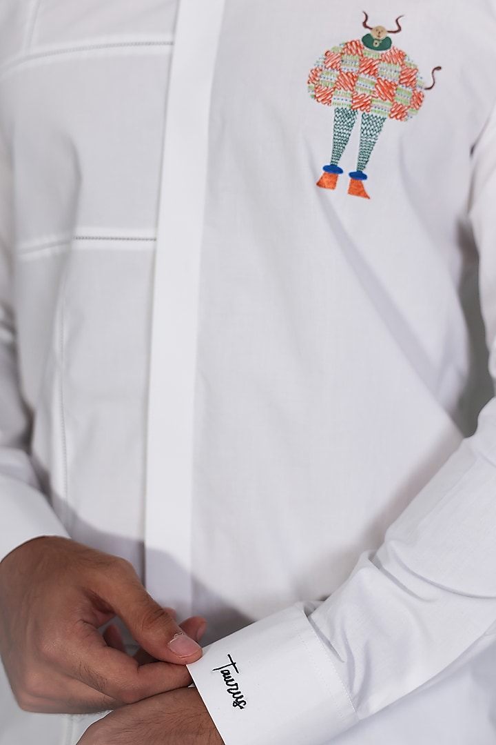White Poplin Hand Embroidered Party Wear Shirt by Arya Giri Men at Pernia's Pop Up Shop