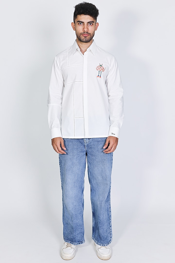 White Poplin Hand Embroidered Party Wear Shirt by Arya Giri Men at Pernia's Pop Up Shop