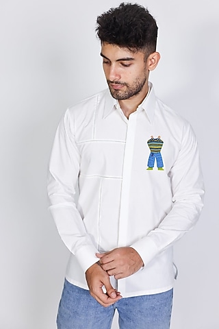 White Poplin Hand Embroidered Shirt by Arya Giri Men
