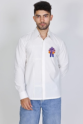 White Poplin Hand Embroidered Shirt by Arya Giri Men
