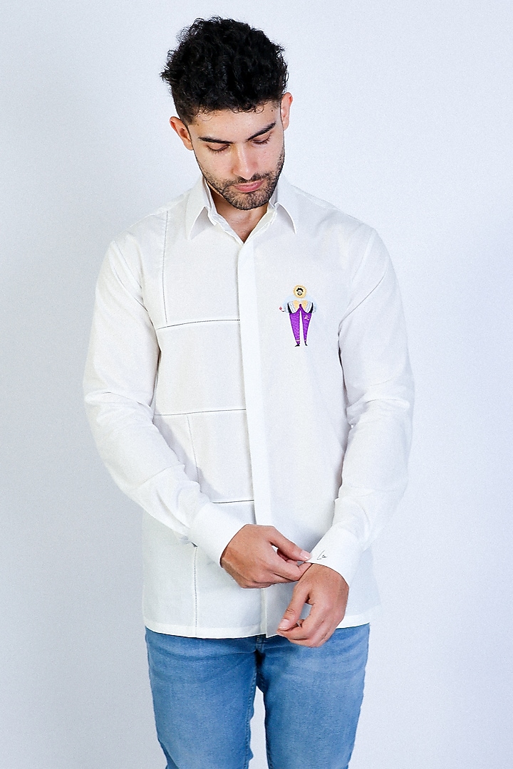 White Poplin Hand Embroidered Party Wear Shirt by Arya Giri Men at Pernia's Pop Up Shop