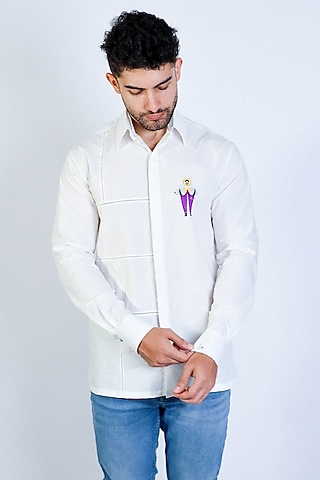 White Poplin Hand Embroidered Shirt by Arya Giri Men