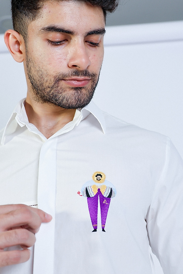 White Poplin Hand Embroidered Party Wear Shirt by Arya Giri Men at Pernia's Pop Up Shop