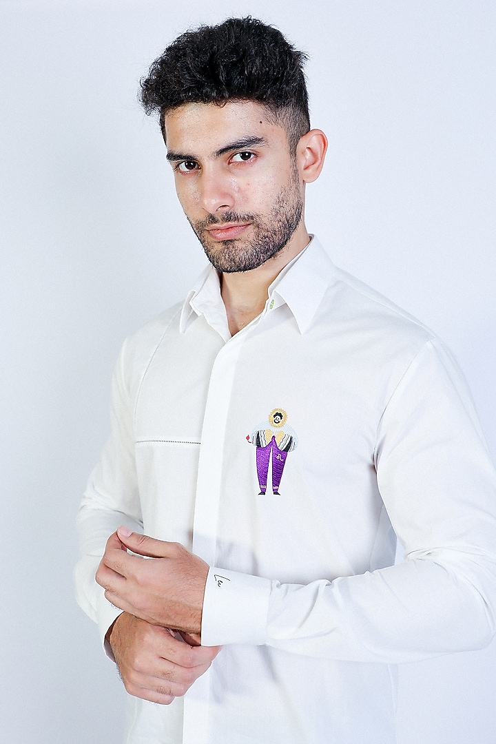 White Poplin Hand Embroidered Party Wear Shirt by Arya Giri Men at Pernia's Pop Up Shop