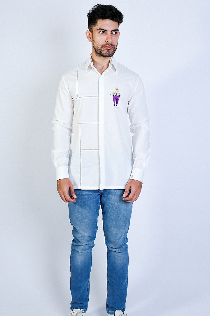 White Poplin Hand Embroidered Party Wear Shirt by Arya Giri Men at Pernia's Pop Up Shop