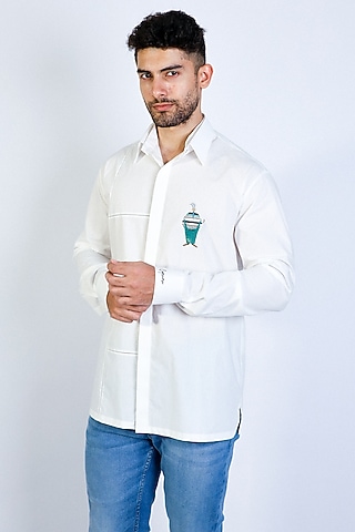 White Poplin Hand Embroidered Shirt by Arya Giri Men