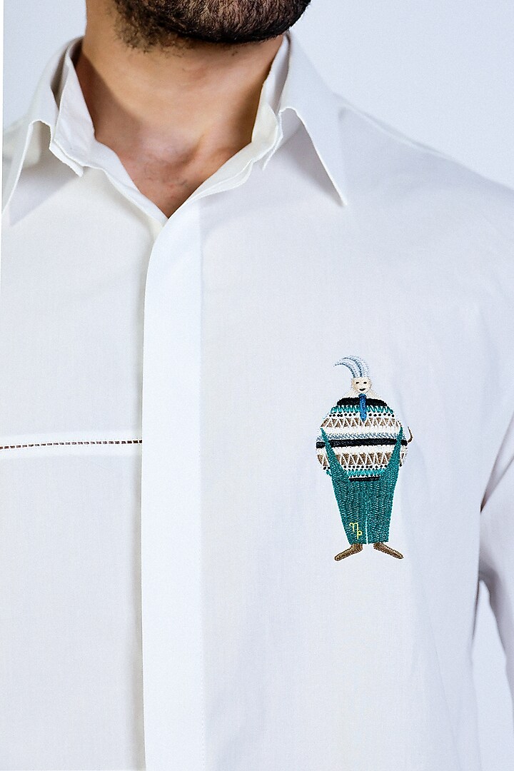 White Poplin Hand Embroidered Party Wear Shirt by Arya Giri Men at Pernia's Pop Up Shop