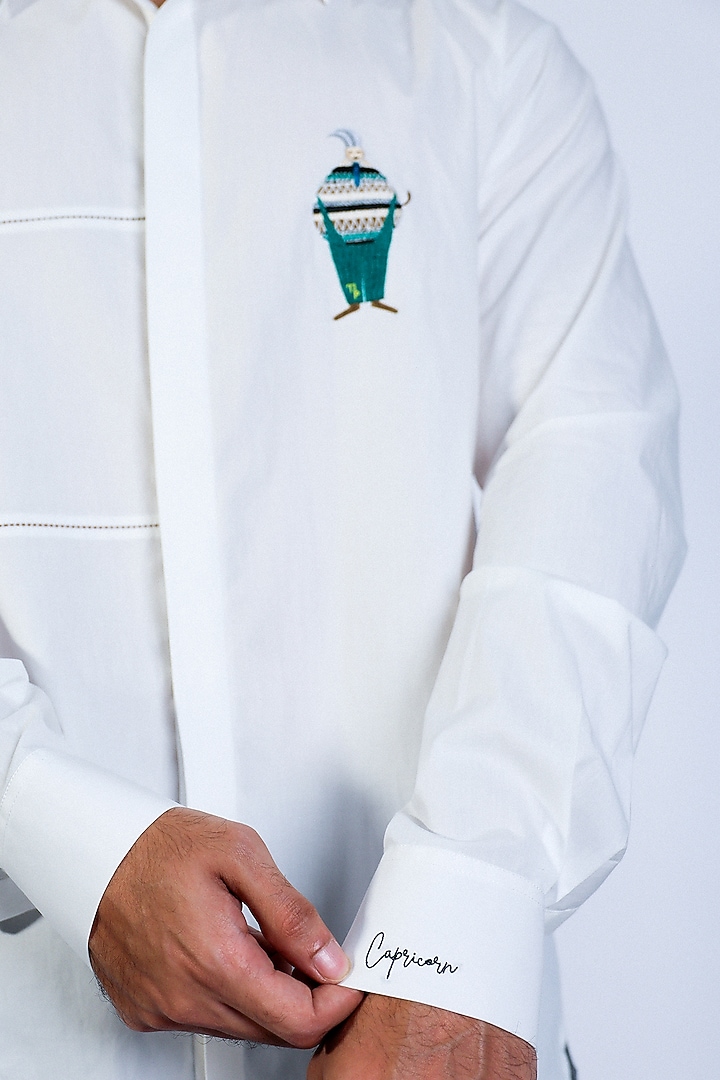 White Poplin Hand Embroidered Party Wear Shirt by Arya Giri Men at Pernia's Pop Up Shop