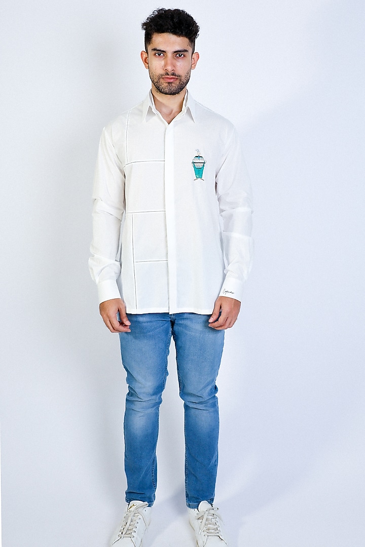 White Poplin Hand Embroidered Party Wear Shirt by Arya Giri Men at Pernia's Pop Up Shop