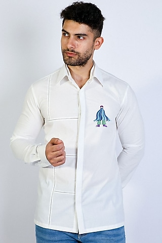 White Poplin Hand Embroidered Shirt by Arya Giri Men