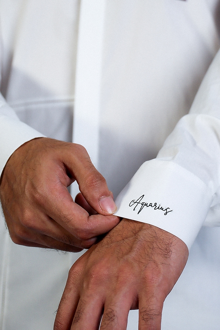 White Poplin Hand Embroidered Party Wear Shirt by Arya Giri Men at Pernia's Pop Up Shop