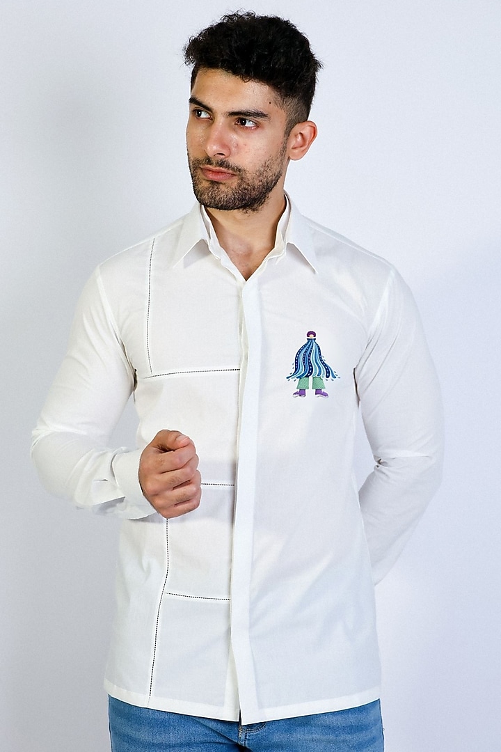 White Poplin Hand Embroidered Party Wear Shirt by Arya Giri Men at Pernia's Pop Up Shop