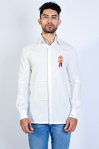White Poplin Hand Embroidered Shirt by Arya Giri Men