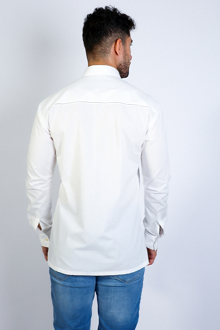White Poplin Hand Embroidered Party Wear Shirt by Arya Giri Men at Pernia's Pop Up Shop
