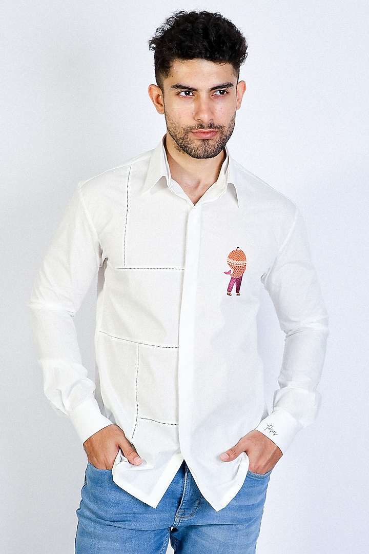 White Poplin Hand Embroidered Party Wear Shirt by Arya Giri Men at Pernia's Pop Up Shop