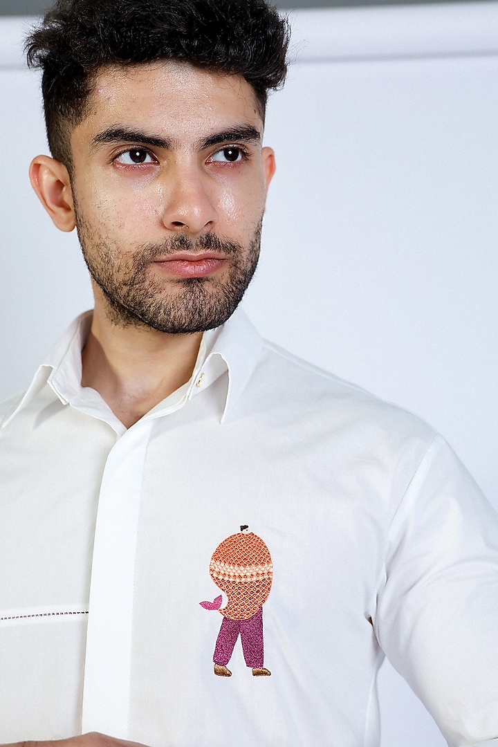 White Poplin Hand Embroidered Party Wear Shirt by Arya Giri Men at Pernia's Pop Up Shop