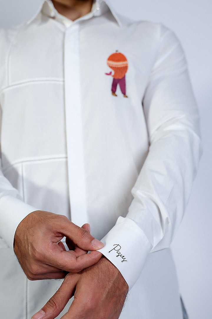 White Poplin Hand Embroidered Party Wear Shirt by Arya Giri Men at Pernia's Pop Up Shop