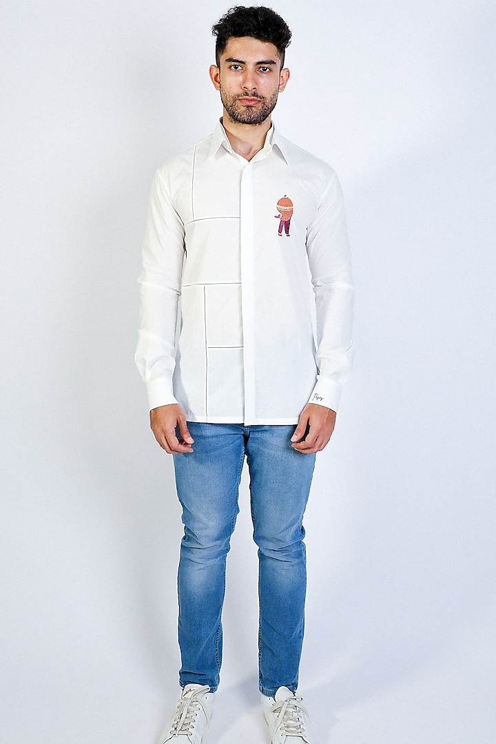 White Poplin Hand Embroidered Party Wear Shirt by Arya Giri Men at Pernia's Pop Up Shop