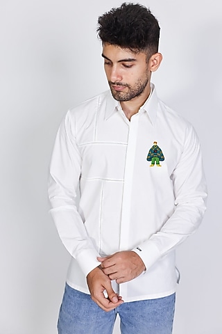 White Poplin Hand Embroidered Shirt by Arya Giri Men