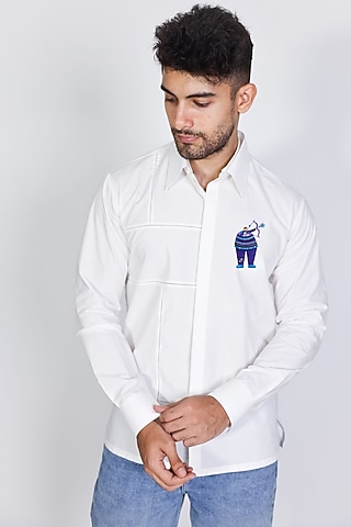 White Poplin Hand Embroidered Shirt by Arya Giri Men