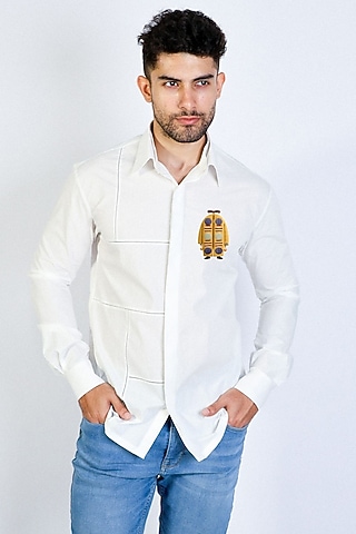 White Poplin Hand Embroidered Shirt by Arya Giri Men