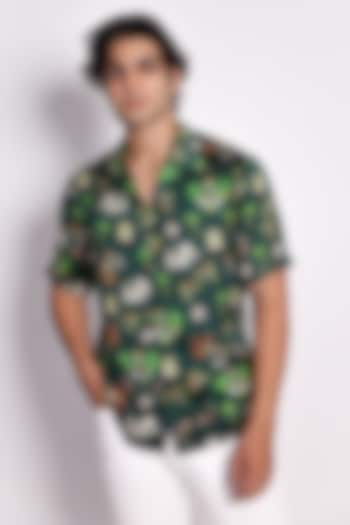 Green Cotton Silk Abstract Printed Shirt by Arya Giri