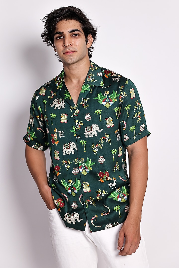 Green Cotton Silk Abstract Printed Shirt by Arya Giri