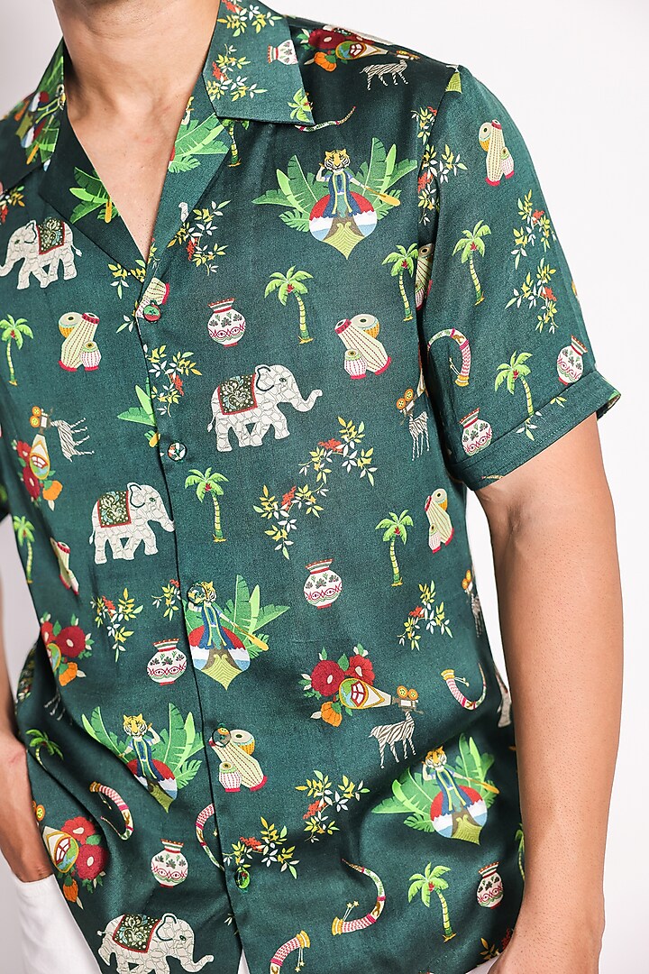 Green Cotton Silk Abstract Printed Summer Shirt by ARYA GIRI MEN at Pernia's Pop Up Shop