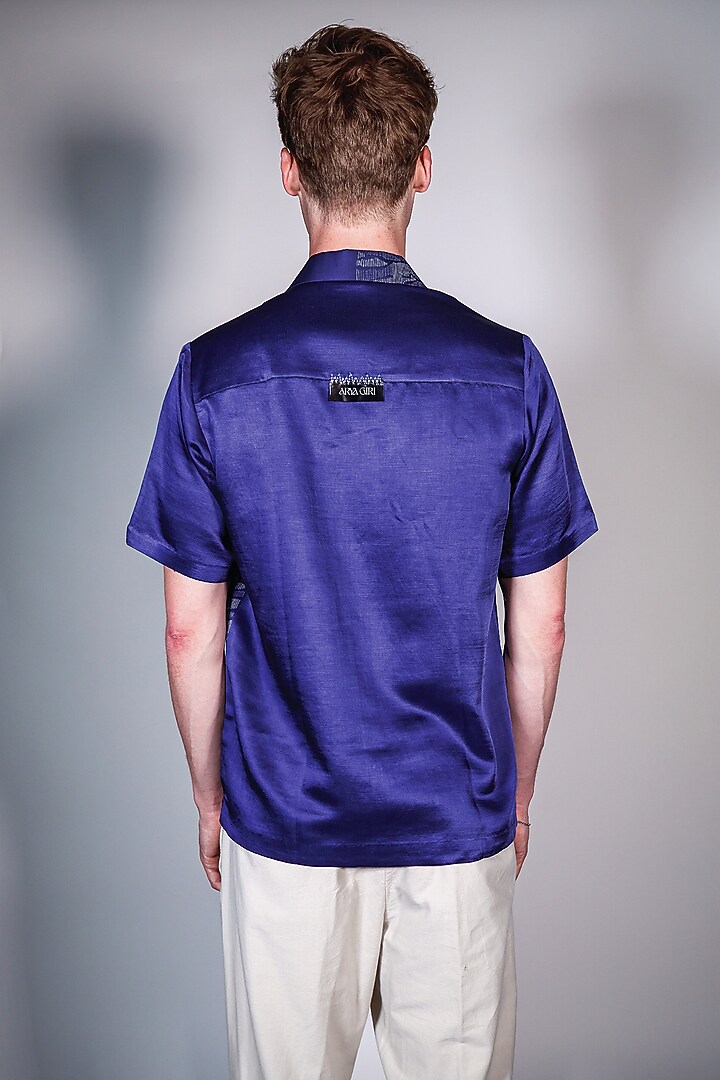 Blue Linen Satin Printed & Embroidered Wedding Shirt by ARYA GIRI MEN at Pernia's Pop Up Shop