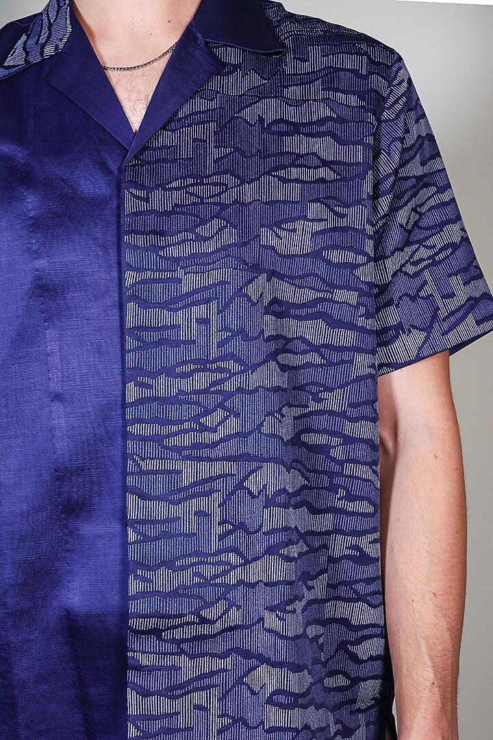 Blue Linen Satin Printed & Embroidered Wedding Shirt by ARYA GIRI MEN at Pernia's Pop Up Shop