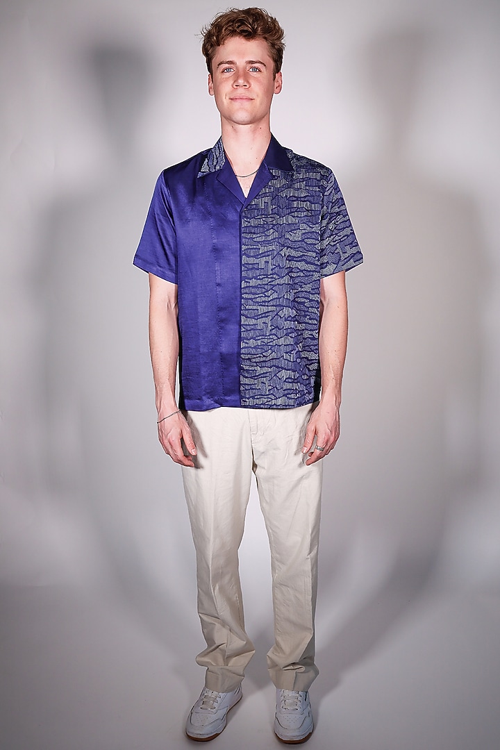 Blue Linen Satin Printed & Embroidered Wedding Shirt by ARYA GIRI MEN at Pernia's Pop Up Shop