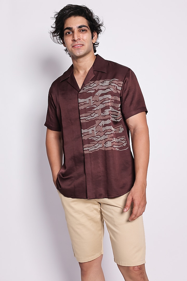 Multi-Colored Linen Satin Printed & Embroidered Shirt by Arya Giri