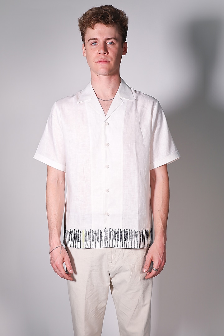 White Linen Abstract Printed & Hand Embroidered Shirt by Arya Giri