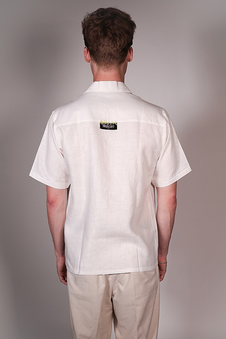 White Linen Abstract Printed & Hand Embroidered Party Wear Shirt by ARYA GIRI MEN at Pernia's Pop Up Shop