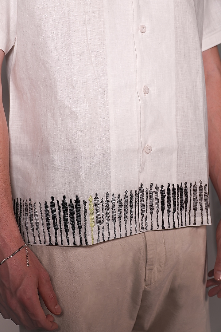 White Linen Abstract Printed & Hand Embroidered Party Wear Shirt by ARYA GIRI MEN at Pernia's Pop Up Shop