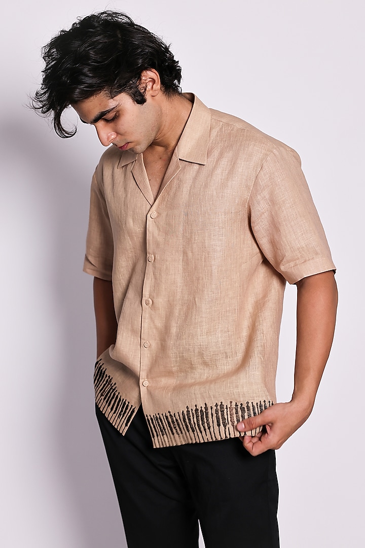 Beige Linen Abstract Printed & Hand Embroidered Shirt by Arya Giri