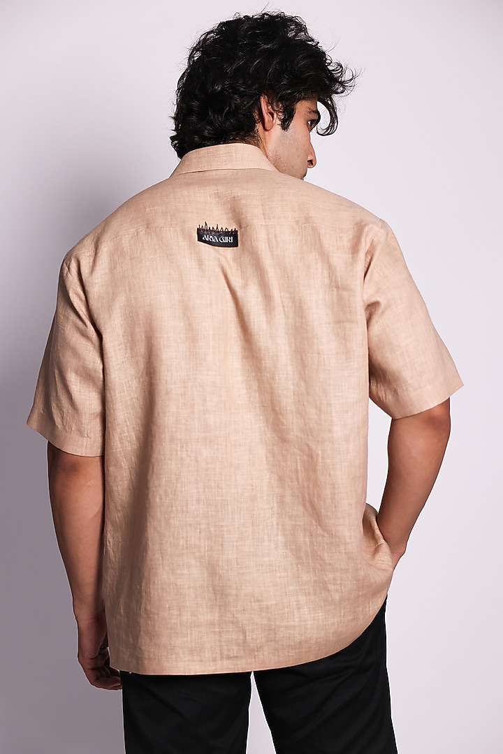 Beige Linen Abstract Printed & Hand Embroidered Party Wear Shirt by ARYA GIRI MEN at Pernia's Pop Up Shop